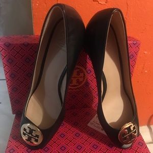 Tory Burch Black Leather Open Toe Wedge
